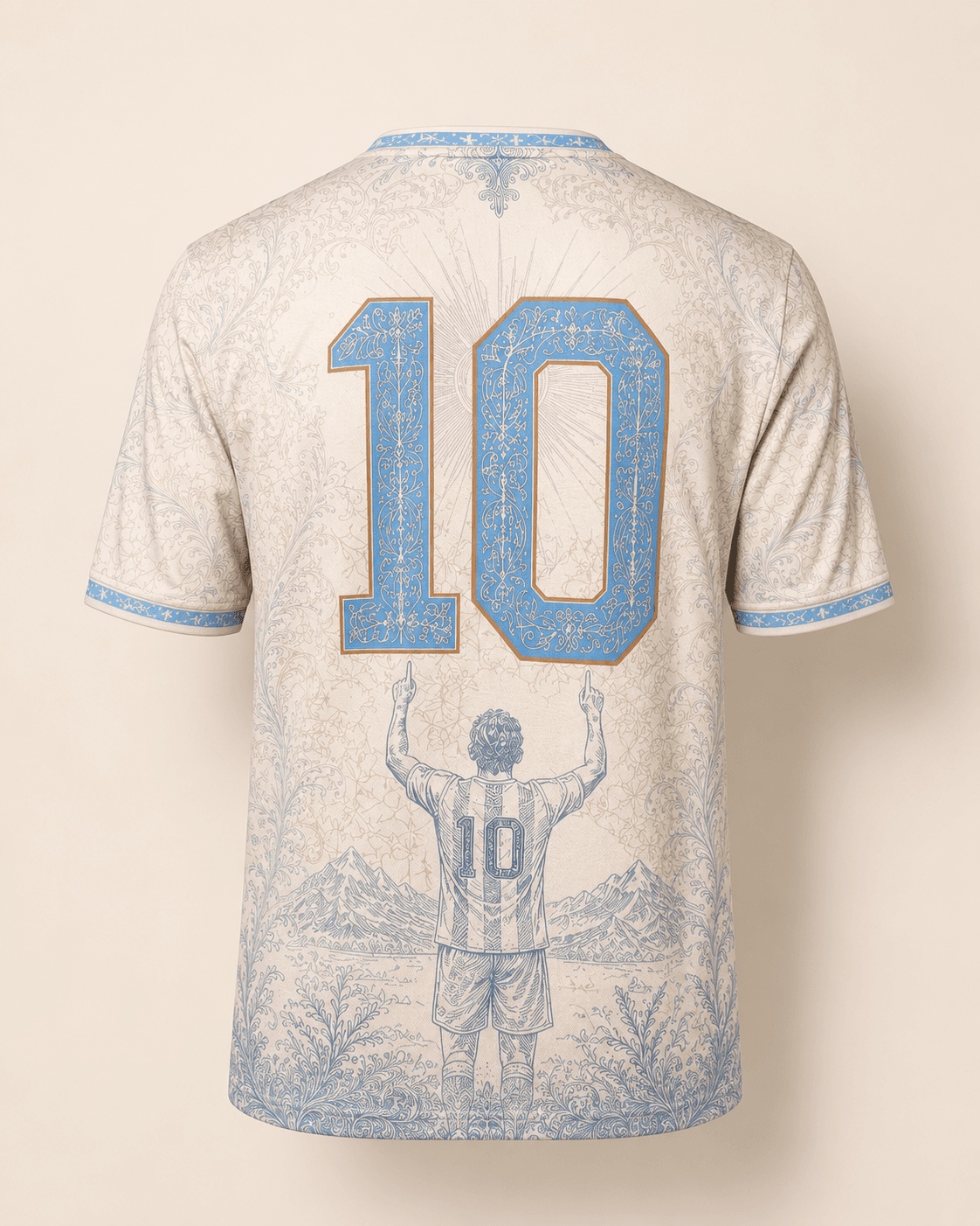 Albiceleste — back of jersey with large sky-blue '10' and silhouette of figure holding the cup overhead