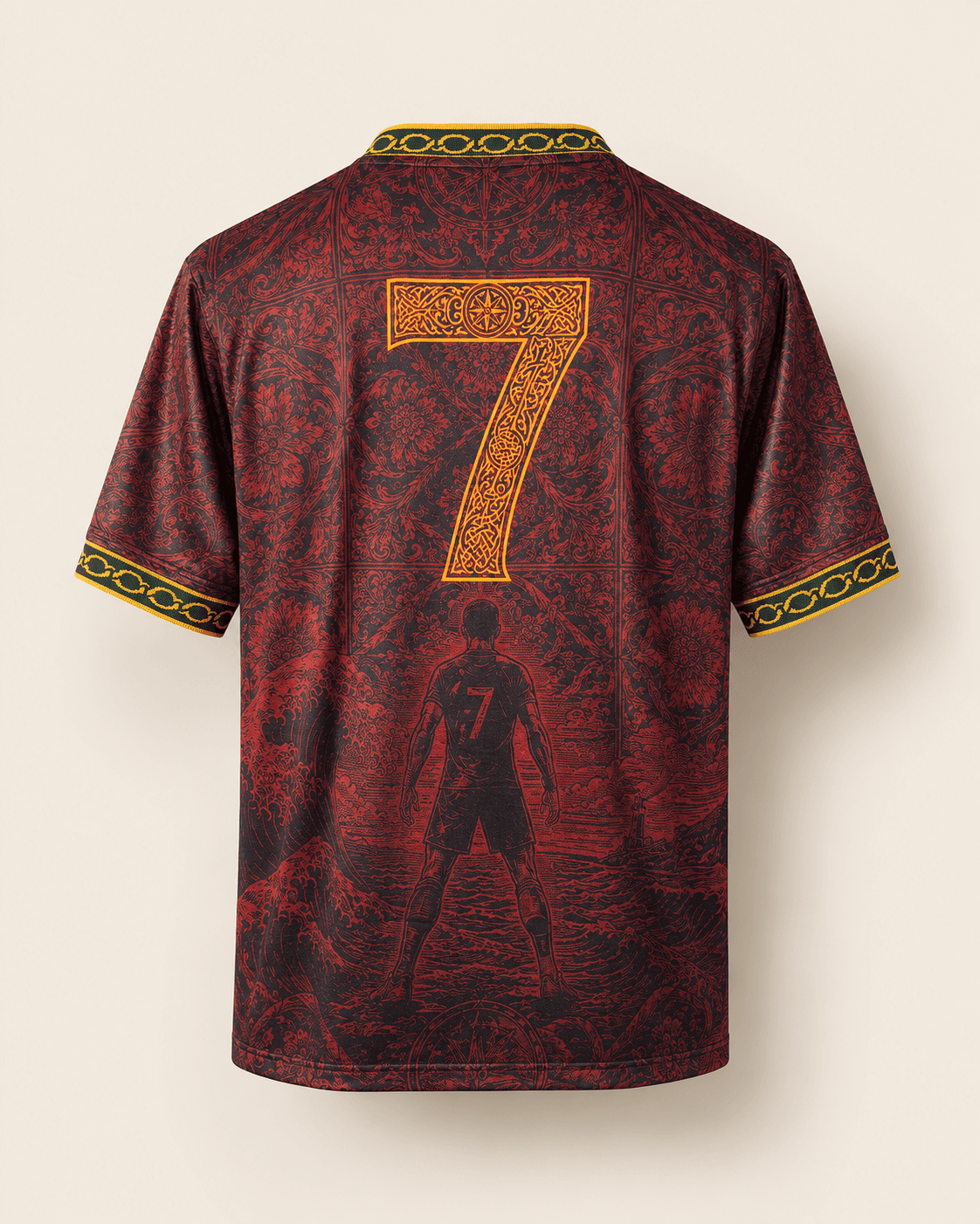 Saudade — back of jersey with golden 7 filled with azulejo lace, figure walking along an Atlantic horizon